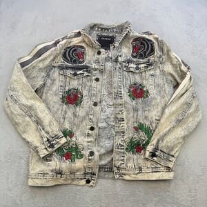 Reason Denim Jacket Mens 2XL Gray Acid Wash Embroidered Skull Streetwear Roses